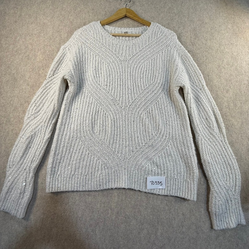 Nine West Womens Metallic Sequin Ribbed Knit Sweater White Cream Crew Neck M